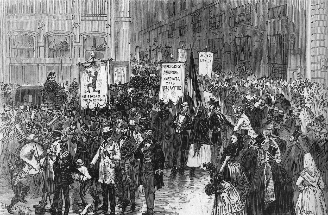 Demonstrasjon i Madrid i 1873 for avskaffelse av slaveriet i de spanske koloniene. av French School