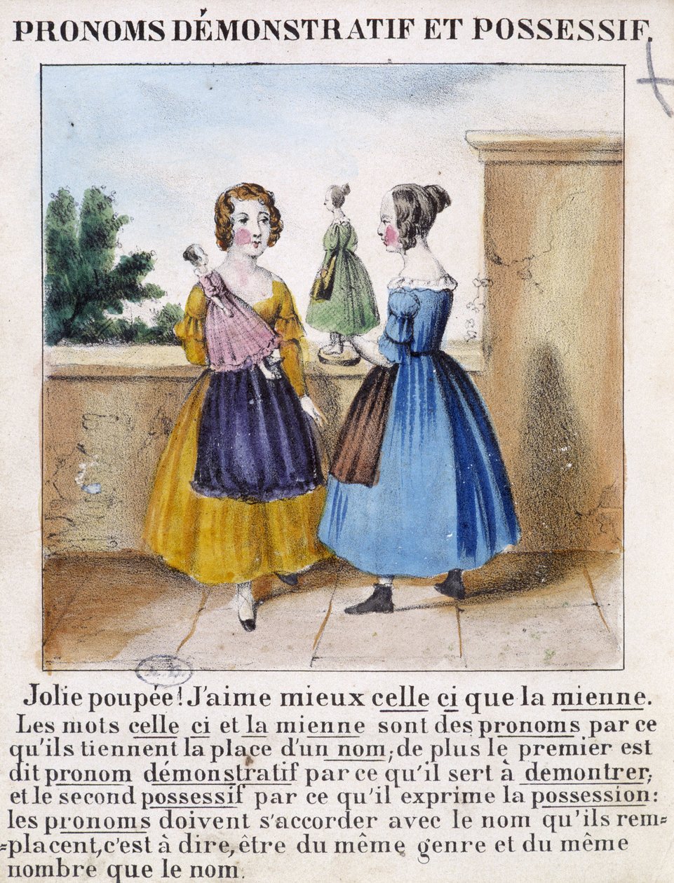 Demonstrative og besittende pronomen (2 jenter som leker med dukker) - i "" La grammaire en images"" av French School
