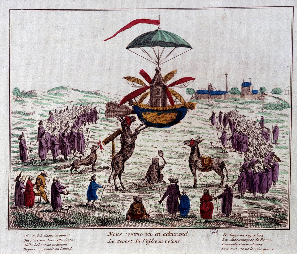 Avreise fra det satireflygende skipet på den flyvende maskinen forestilt av Jean-Pierre Blanchard (1753-1809): esler, aper og blinde ser på den merkelige maskinen utstyrt med seks vinger og et ror. Gravering fra slutten av 1700-tallet. Paris, Musée Carn av French School