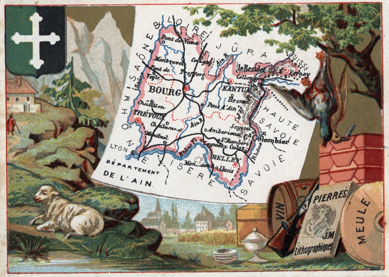 Department of Ain (01), Rhone-Alpes (Rhone Alpes), France. Local speciality: breeding, hunting, wine, grinding wheel and lithography. Series on the French Departments. Chromolithography (Chromo) “” the geographic thread””, circa 1920. Private collection. av French School