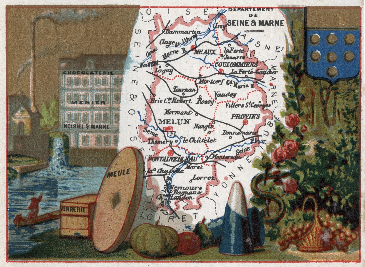Department of Seine and Marne (Seine-Et-Marne, 77), Ile de France (Ile-De-France), France. Local speciality: chocolate factory Menier chocolaterie in Noisiel sur Marne (Noisiel-sur-Marne), glassware, millstone. Series on the French Departments. Chromolitho av French School