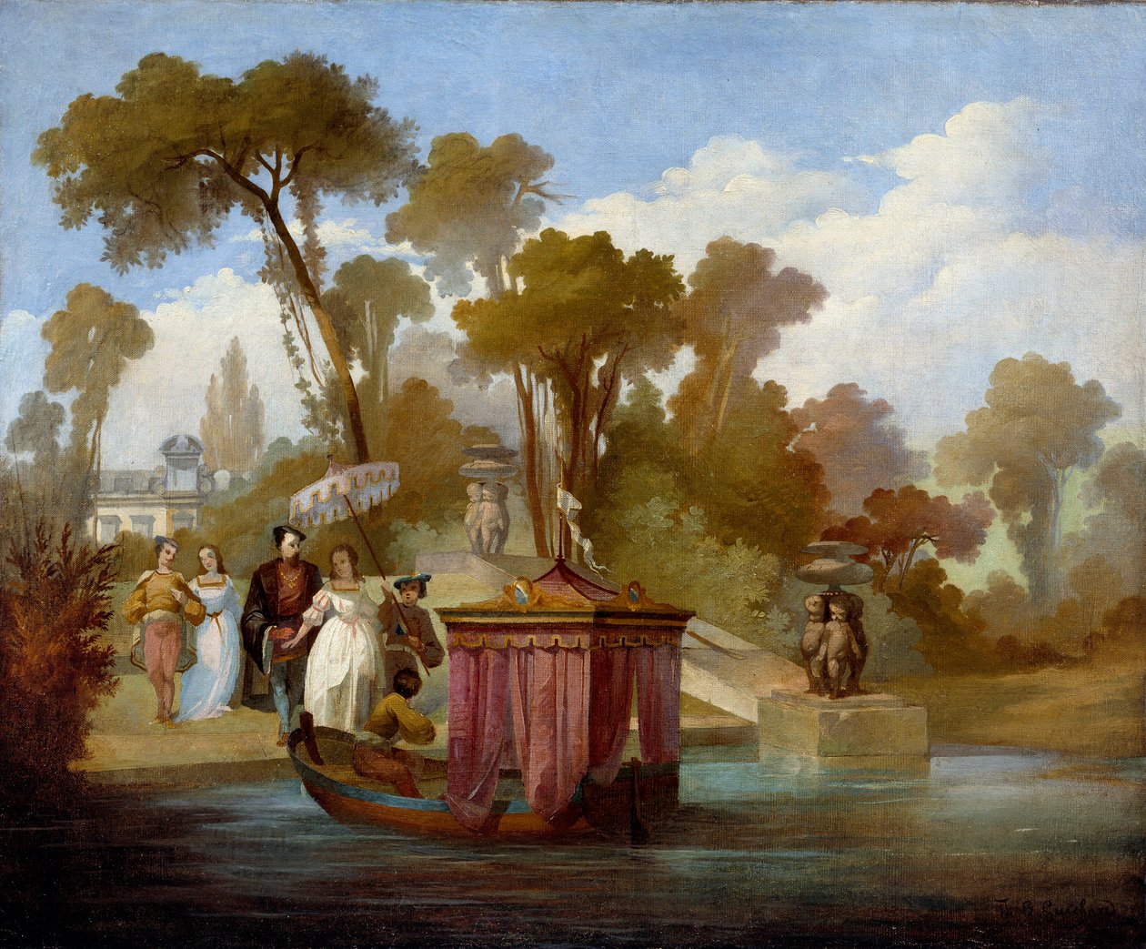 Avreise for vandringen (på 1500-tallet). Et par som venter på å komme inn i en båt med baldakin. Anonymt maleri av den franske skolen av French School