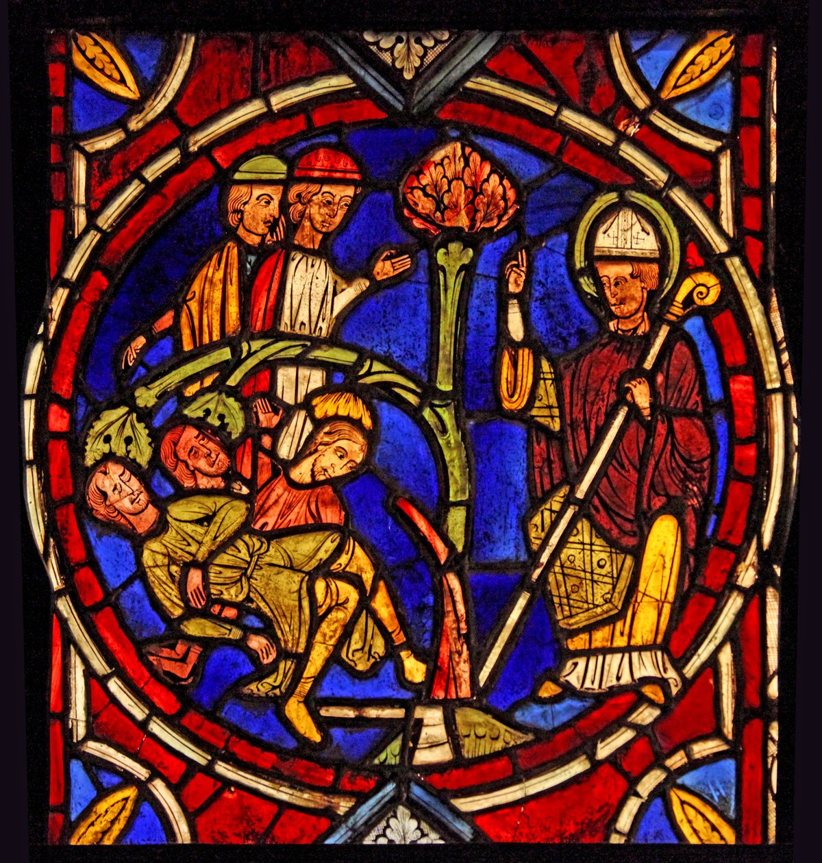 Viser St Martin - og furutreets mirakel (ex Varennes-Jarcy - opprinnelig fra Abbey de Gercy?) av French School