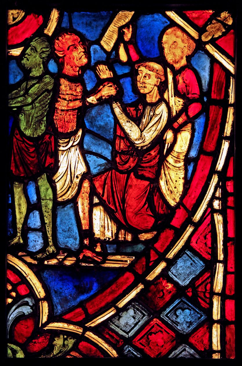 Å fremstille Theophilus inngår en avtale med en djevel; fra kirken Varennes-Jarcy (opprinnelig fra Abbey de Gercy?) av French School