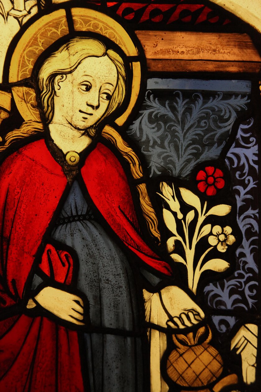 Viser en detalj av Jomfru Maria ved kunngjøringen, opprinnelig fra Øvre Rhinen (farget glass) av French School