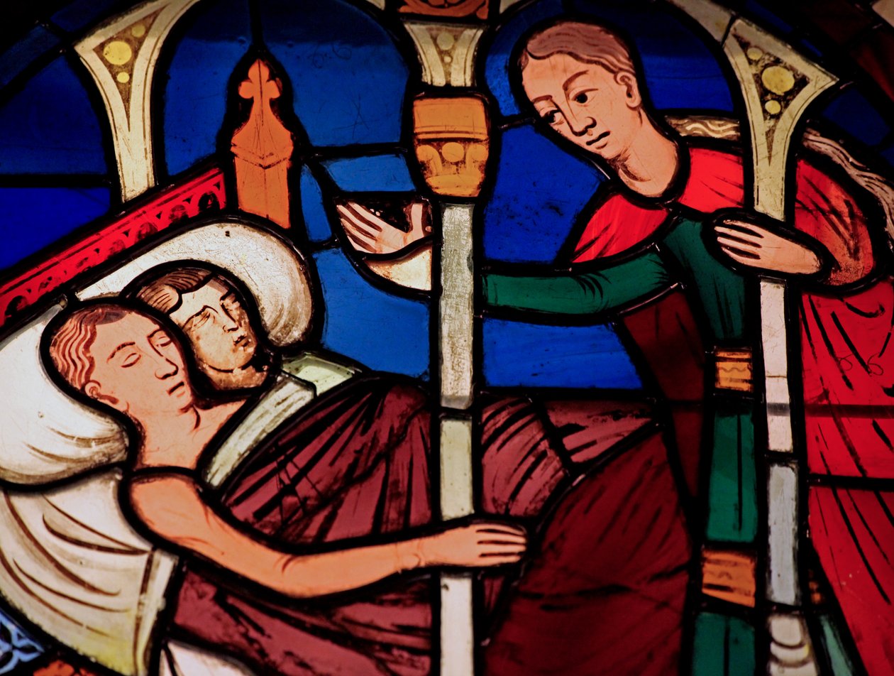 En skildring av en tjener kommer inn på Tobias og Sarahs rom, ex Ste Chapelle, Bay E av French School