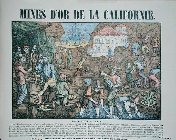 Skildring av gullgruvene i California, midten av 1800-tallet (farget gravering) av French School