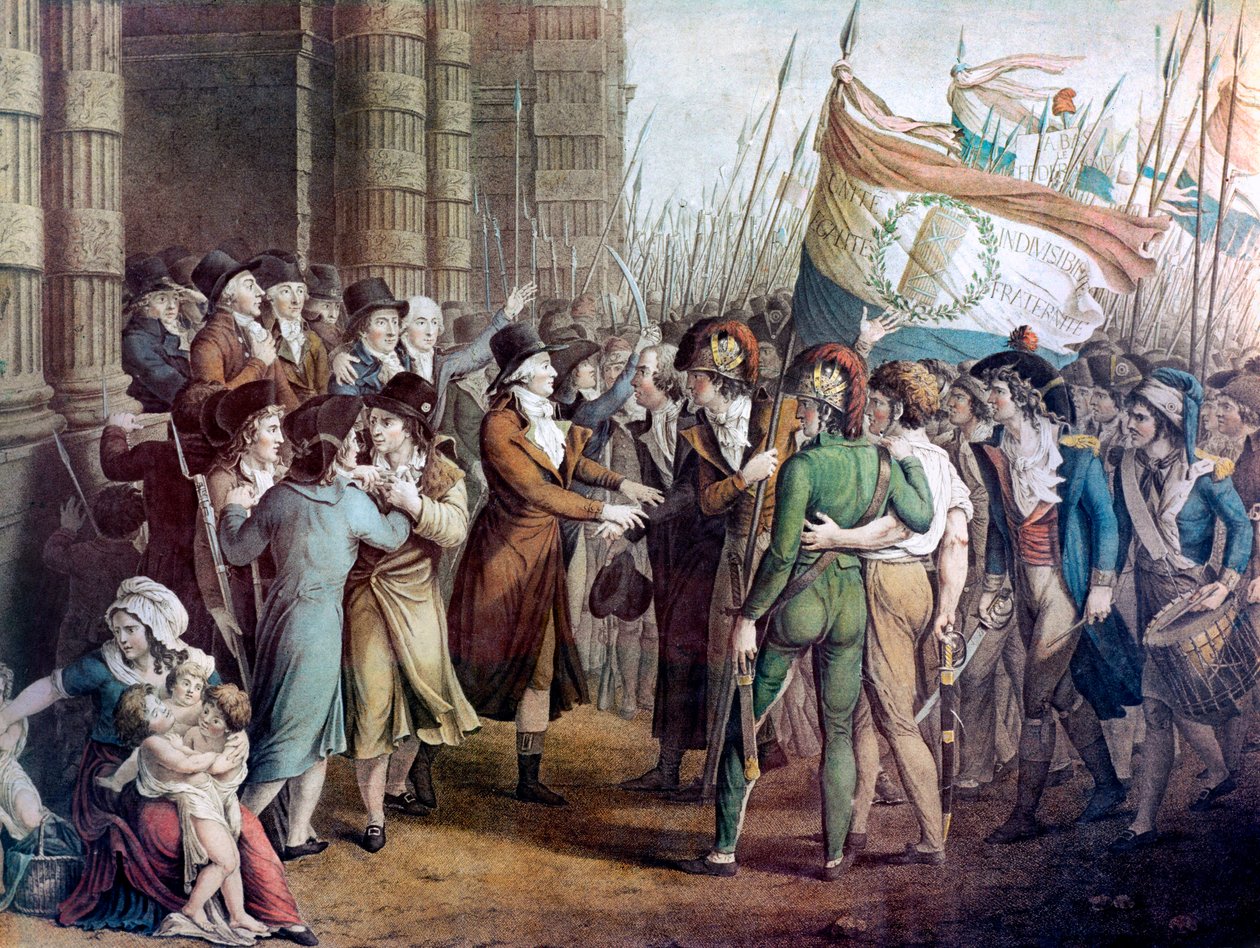 Varamedlemmer fra den nasjonale konvensjonen forlot forsamlingen ved Tuileriene, 31. mai 1793 - "" Le 31 mai 1793"" - Paris, 31. mai 1793: innbyggerne bevæpnet foran Girondinene som gikk ut av konvensjonen etter å ha blitt slått av montagnardene, i forgrun av French School