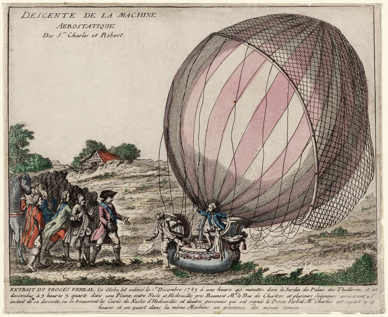 Nedstigning av Aerostatic Machine of Srs. Charles og Robert, pub. 1783 (håndfarget gravering) av French School