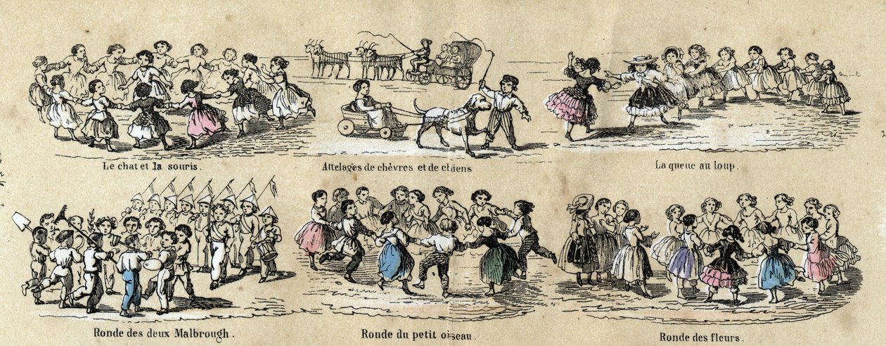 Beskrivelse av barns fritid og spill: rundene. Plate “” barndomsleker”” i “” instructive Recreations”” Synoptisk maleri av Jules DELBRUCK, gravering fra 1860. Privat samling. av French School