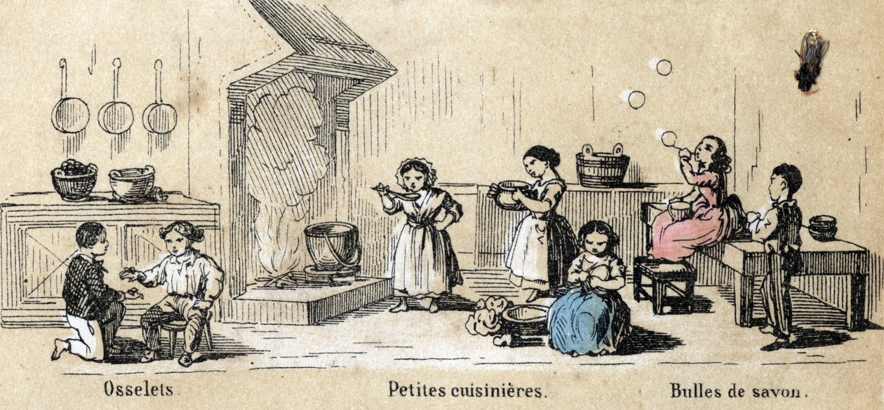 Beskrivelse av barns fritid og lek: innendørs spill, osselets, små jenter som leker kokker og såpebobler. Plate “” les jeux de l'enfance”” i “” les Recreations instructives”” Synoptisk maleri av Jules DELBRUCK, gravering fra 1860. Privat kolle av French School