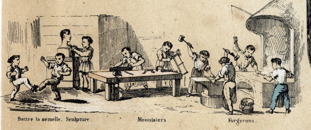 Beskrivelse av barns fritid og lek: læring av voksne metier (skulptør, smed og snekker) av små gutter. Plate “” les jeux de l
