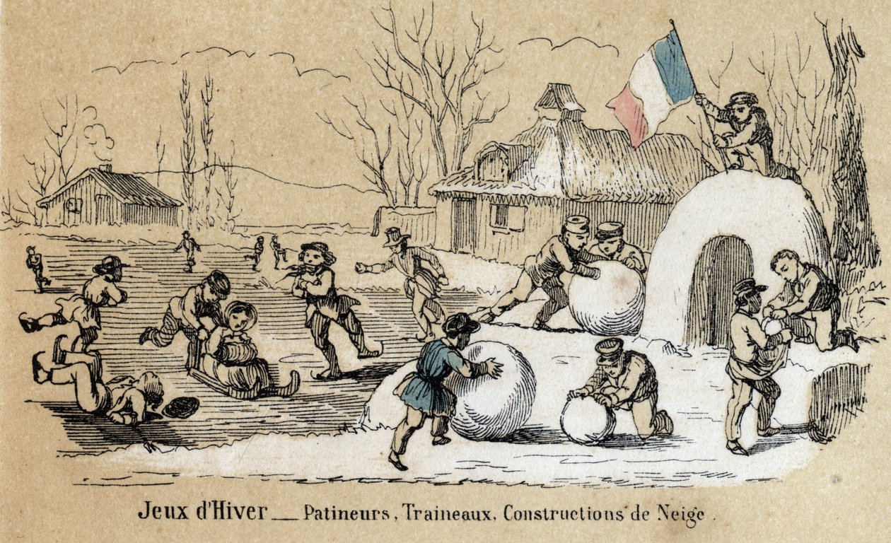 Beskrivelse av barns fritid og lek: vinterleker, skøyter, aking og snøbygging. Plate “” les jeux de l'enfance”” i “” les Recreations instructives”” Synoptisk maleri av Jules DELBRUCK, gravering fra 1860. Privat samling. av French School
