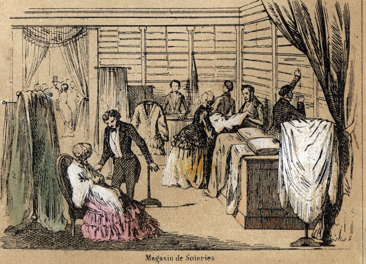 Beskrivelse av kultur og silkeprodukter: en silkebutikk. Tallerken "" la soie"" i "" les Recreations instructives"" Synoptisk maleri av Jules DELBRUCK, gravering fra 1860. Privat samling. av French School