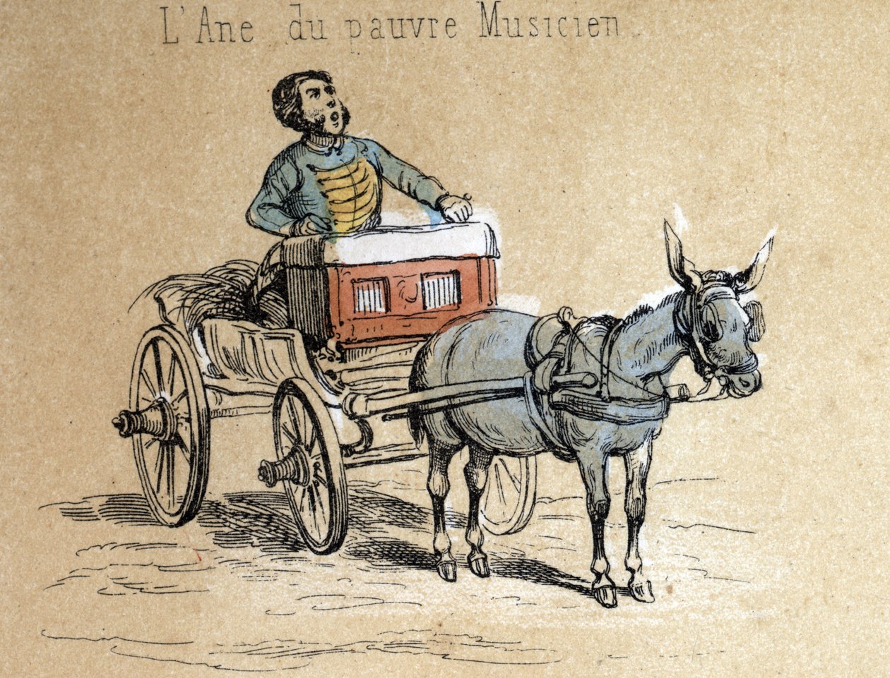 Description of the different products and uses of donkey: the animal accompanies the travelling musician Detail of the board “” The donkey and its products”” in “” the instructive Recreations”” Synoptic painting by Jules DELBRUCK, engraving from 1860. Priv av French School