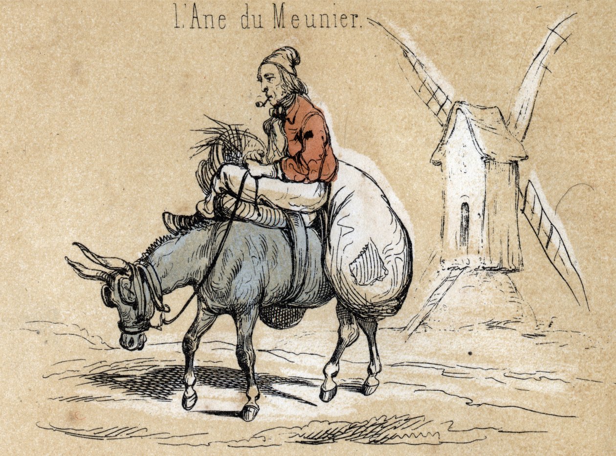 Description of the different products and uses of donkey: the animal helps the miller. Detail of the board “” The donkey and its products”” in “” Les Recreations instructives”” Synoptic painting by Jules DELBRUCK, engraving from 1860. Private collection. av French School