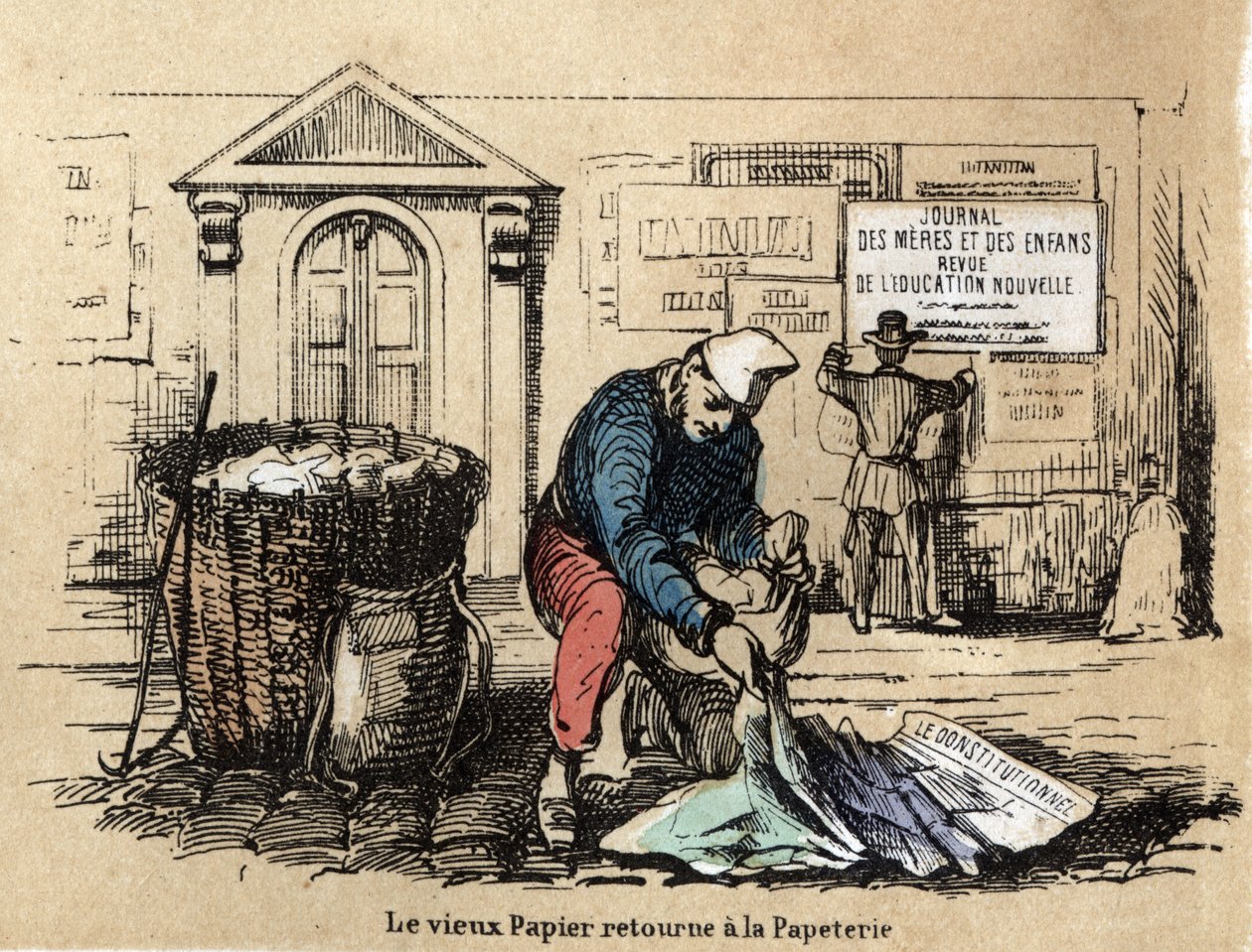 Beskrivelse av de forskjellige produktene og bruken av papir: gammelt papir tas opp for å bli fille igjen. Plate "" Le papier et ses produits"" i "" les Recreations instructives"" Synoptisk maleri av Jules Delbruck, gravering fra 1860. Privat samling. av French School