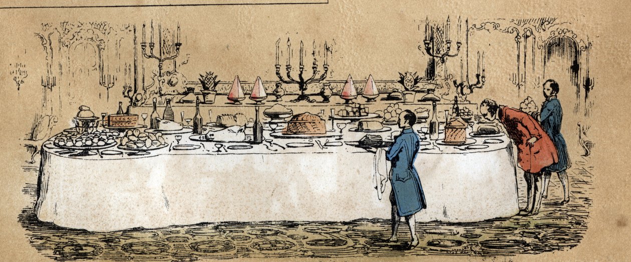 Beskrivelse av de forskjellige produktene og bruksområdene til kua: produkter fra kua (ost, biff) kan finnes på bordet til en hverdagslig buffet under et ball. Plate "" La coache et ses produits"" i "" les Recreations instruct av French School