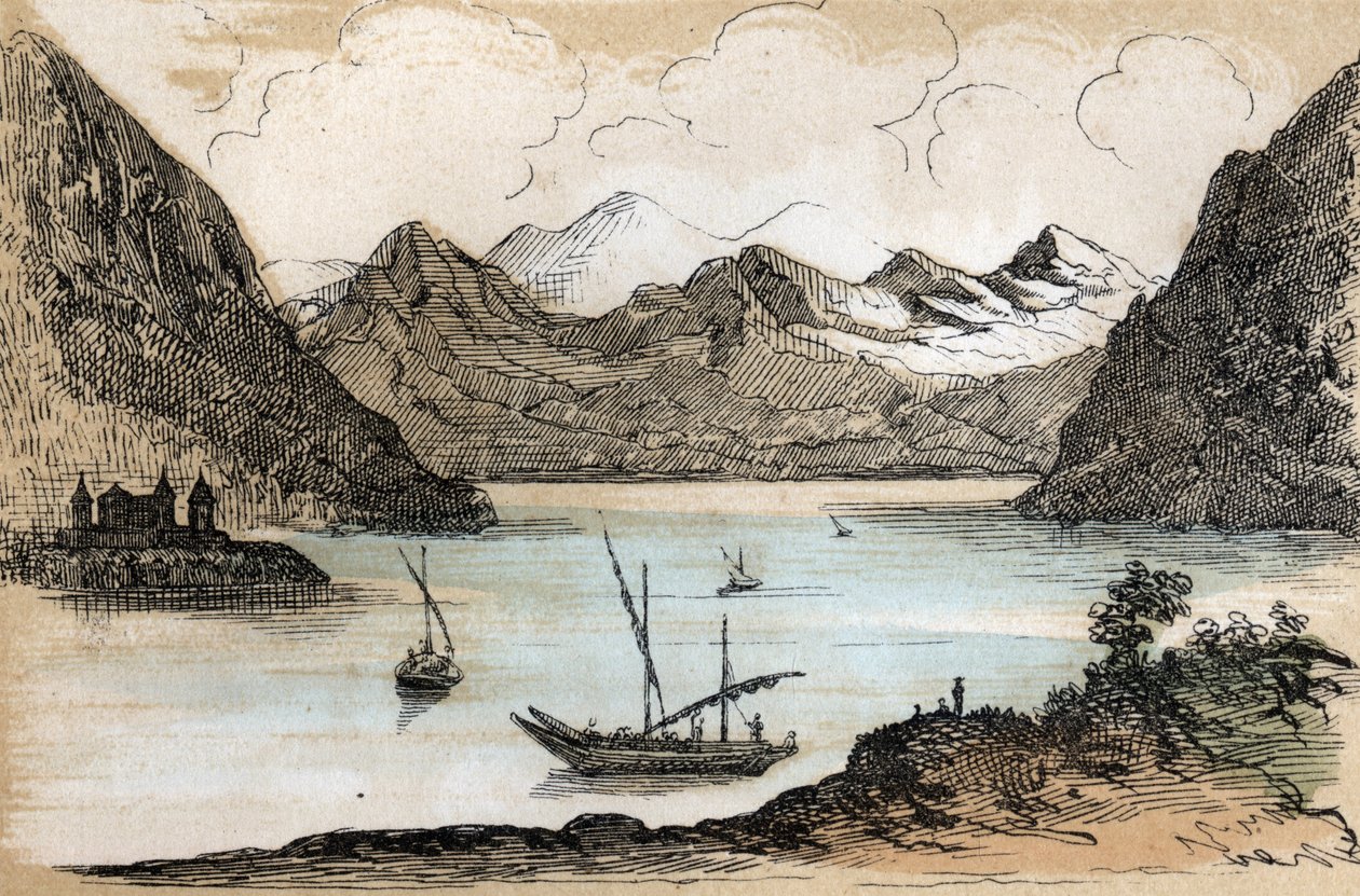 Beskrivelse av de forskjellige typer landskap og relieffer i henhold til geografi: detalj som viser Genfersjøen. Plate "" Physical Geography"" i "" les Recreations instructives"" Synoptisk maleri av Jules DELBRUCK, gravering fra 1860. Private collecti av French School