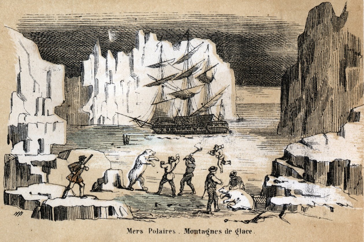 Beskrivelse av de ulike typer landskap og relieffer i henhold til geografi: detalj som viser et arktisk landskap med isbjørn, isfjell. Plate "" Physical Geography"" i "" les Recreations instructives"" Synoptisk maleri av Jules DELBRUCK, en av French School