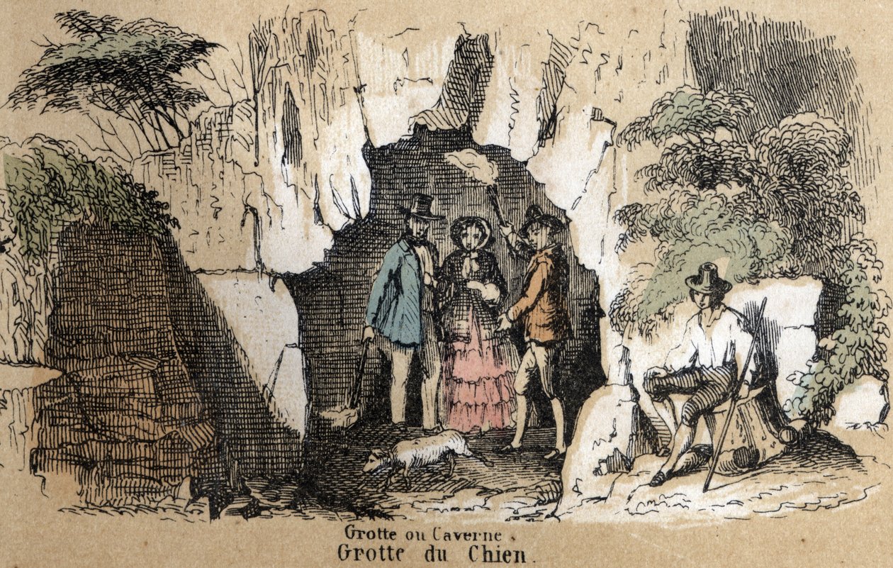 Beskrivelse av de forskjellige typer landskap og relieffer avhengig av geografi: detaljer som representerer besøkende i hundehulen. Plate "" Physical Geography"" i "" les Recreations instructives"" Synoptisk maleri av Jules DELBRUCK, gravering fra 18. av French School