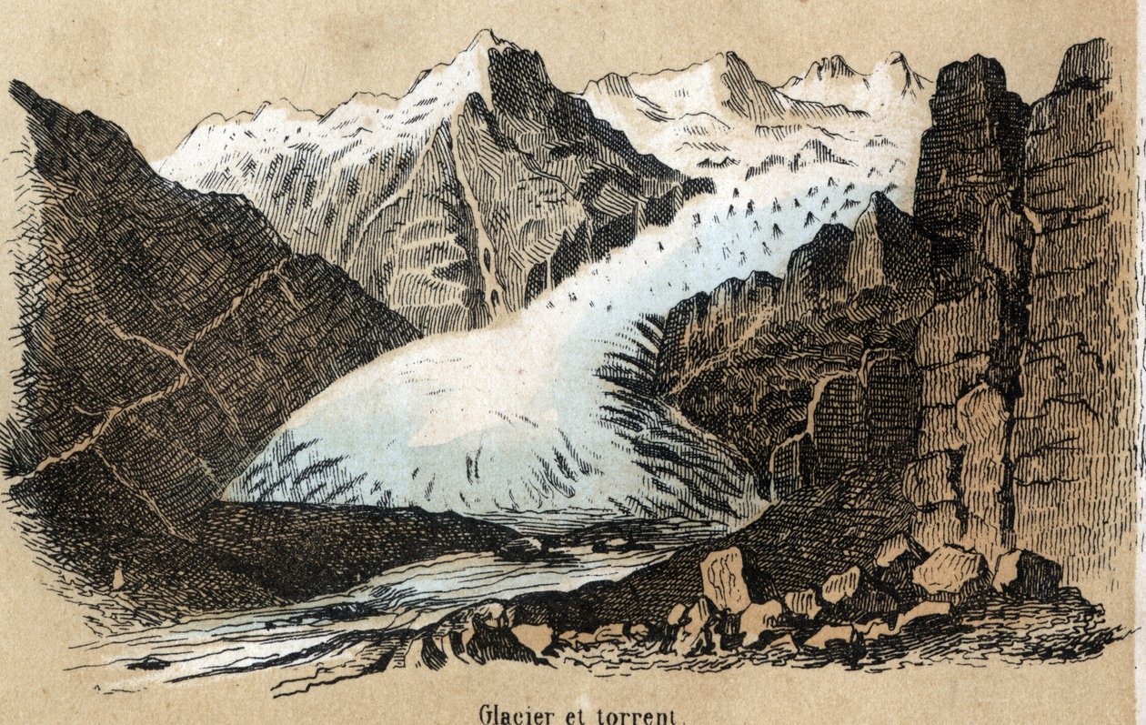 Description of the different types of landscapes and reliefs depending on the geography: detail depicting a glacier (or sea of ice) in a mountain range. Plate “” Physical Geography”” in “” les Recreations instructives”” Synoptic painting by Jules DELBRUCK, av French School