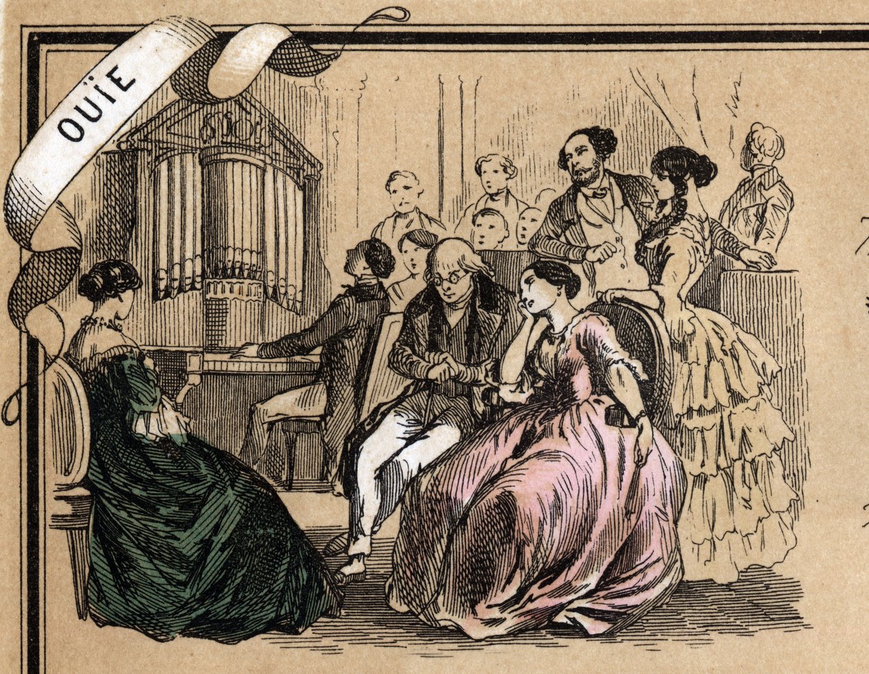 Description of the five senses: detail of the hearing, a concert of music during a social evening. Plate “” Les cinq sens”” in “” les Recreations instructives”” Synoptique painting by Jules Delbruck, engraving from 1860. Private collection. av French School