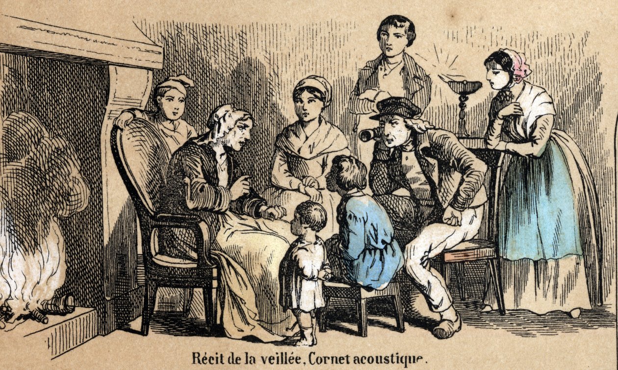 Description of the five senses: detail of the hearing, the recits during the night in the cottages, an old man uses an acoustic cone. Plate “” Les cinq sens”” in “” les Recreations instructives”” Synoptique painting by Jules Delbruck, engraving from 1860.  av French School