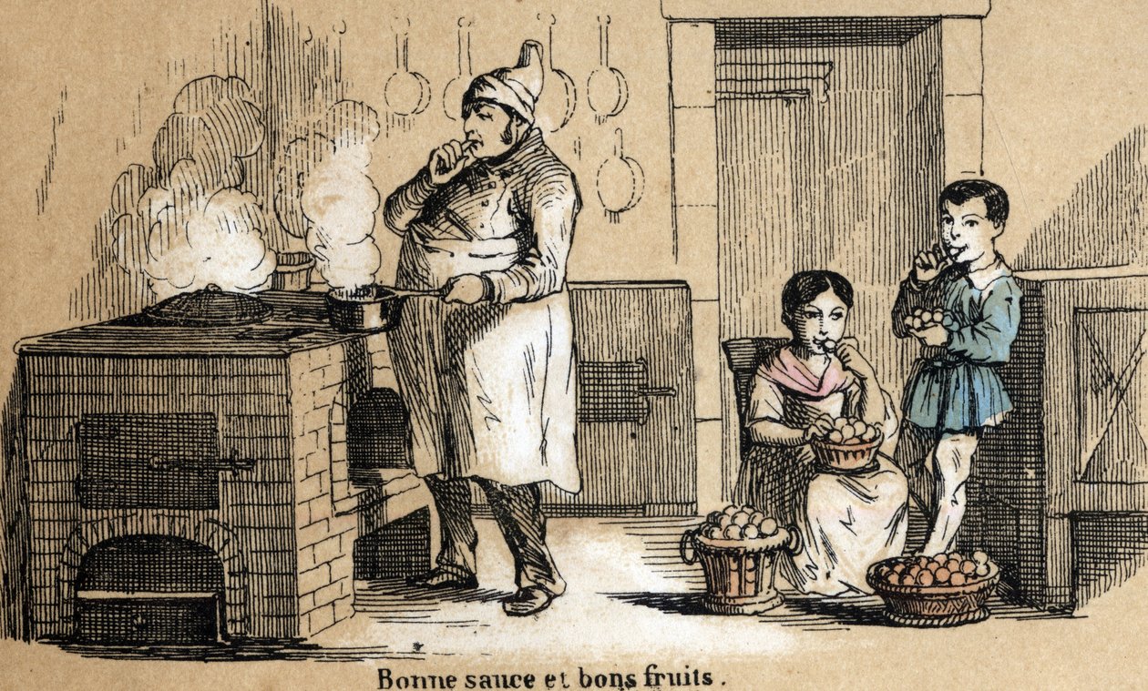 Beskrivelse av de fem sansene: detalj i smaken, en kokk nyter sausen hans og barna knaser i frukt. Plate "" Les cinq sens"" i "" les Recreations instructives"" Synoptisk maleri av Jules Delbruck, gravering fra 1860.  av French School