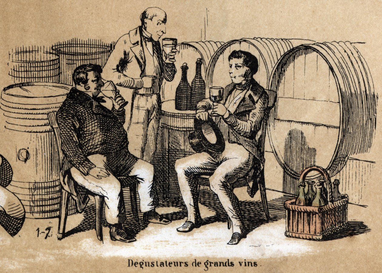 Description of the five senses: detail of the taste, the tasters of fine wines at the developpe palate savour glasses in a cellar. Plate “” Les cinq sens”” in “” les Recreations instructives”” Synoptique painting by Jules Delbruck, engraving from 1860. Pri av French School