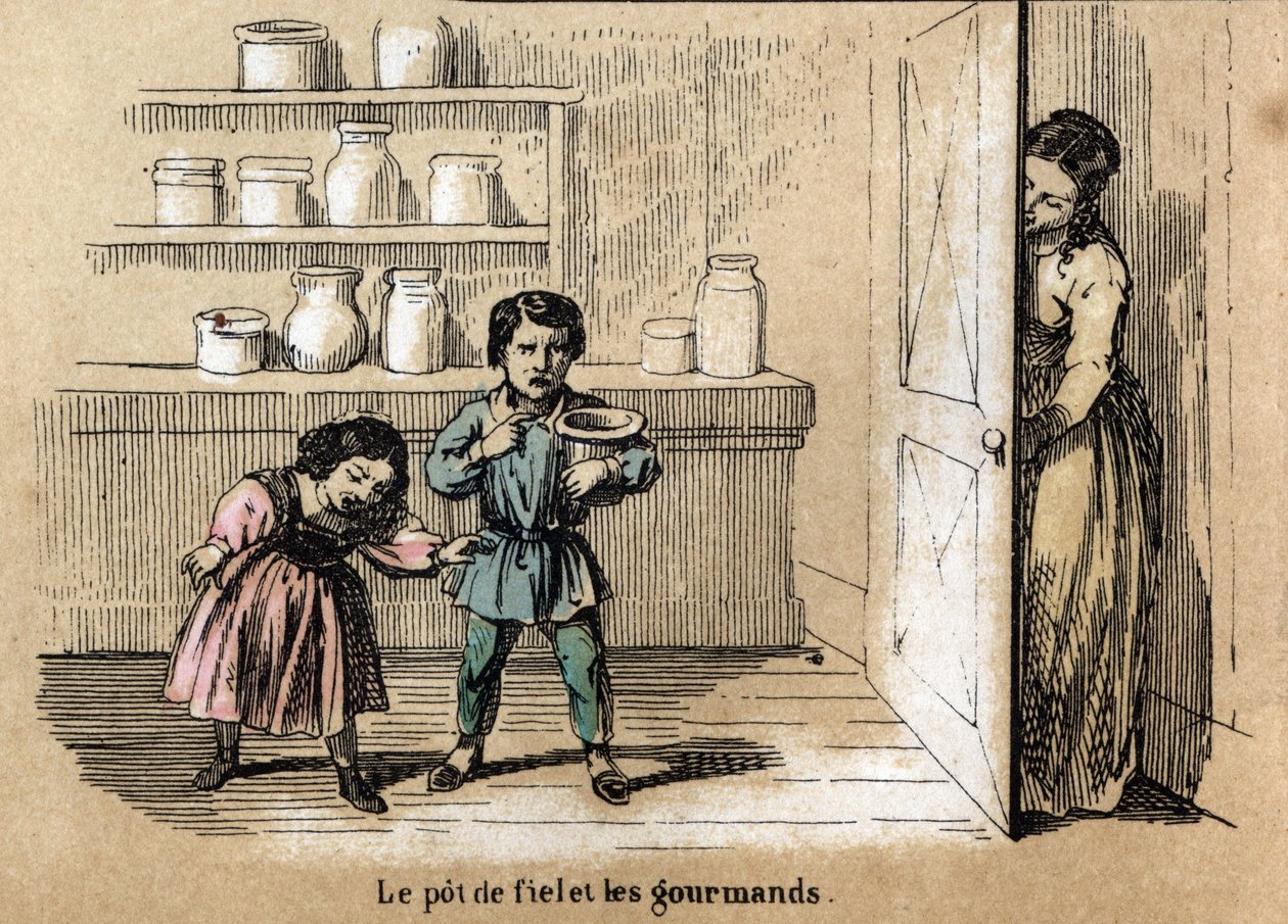 Beskrivelse av de fem sansene: detalj i smaken, to grådige barn fanget av moren sin som gjemmer en kjele med bitter smak blant de andre sukkerglassene. Tallerken "" Les cinq sens"" i "" les Recreations instructives"" Synoptisk maleri av Jules Delbru av French School