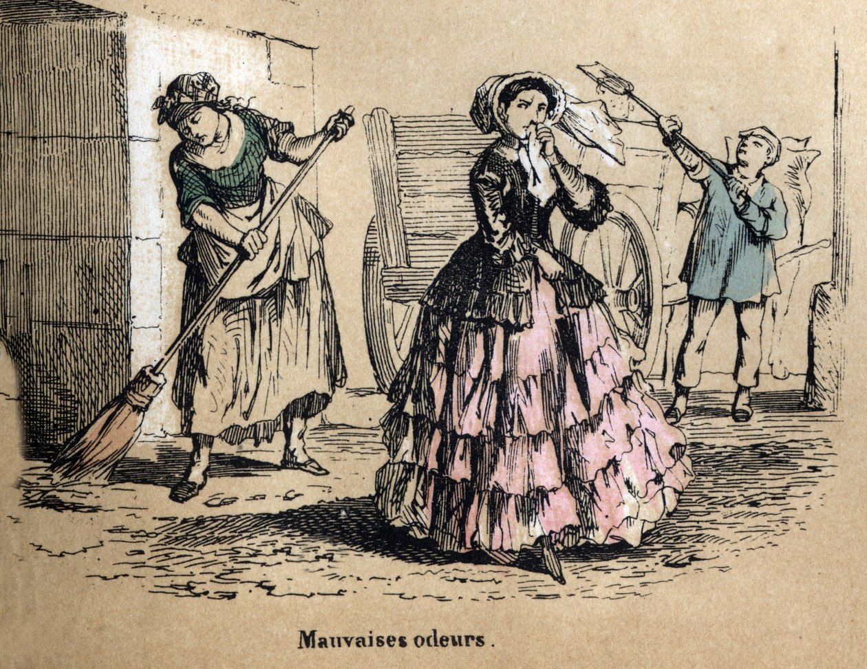 Description of the five senses: smell, a bourgeois clogging her nostrils so as not to smell the bad smells of manure and dung. Plate “” Les cinq sens”” in “” les Recreations instructives”” Synoptique painting by Jules Delbruck, engraving from 1860. Private av French School
