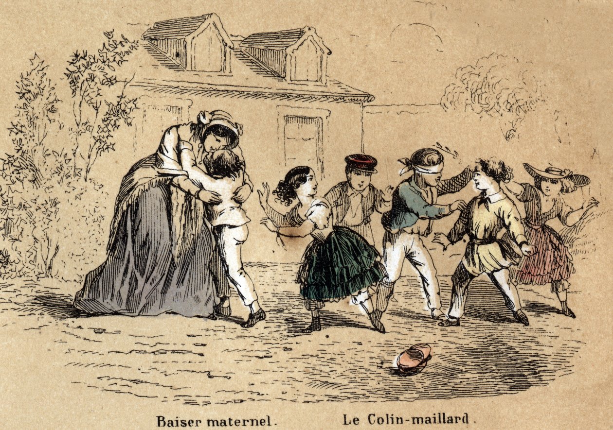 Beskrivelse av de fem sansene: berøringen, en mor som klemmer barnet sitt for morskontakt og spillet med collin-aillard. Tallerken "" Les cinq sens"" i "" les Recreations instructives"" Synoptisk maleri av Jules Delbruck, gravering fra 1860. Privat av French School