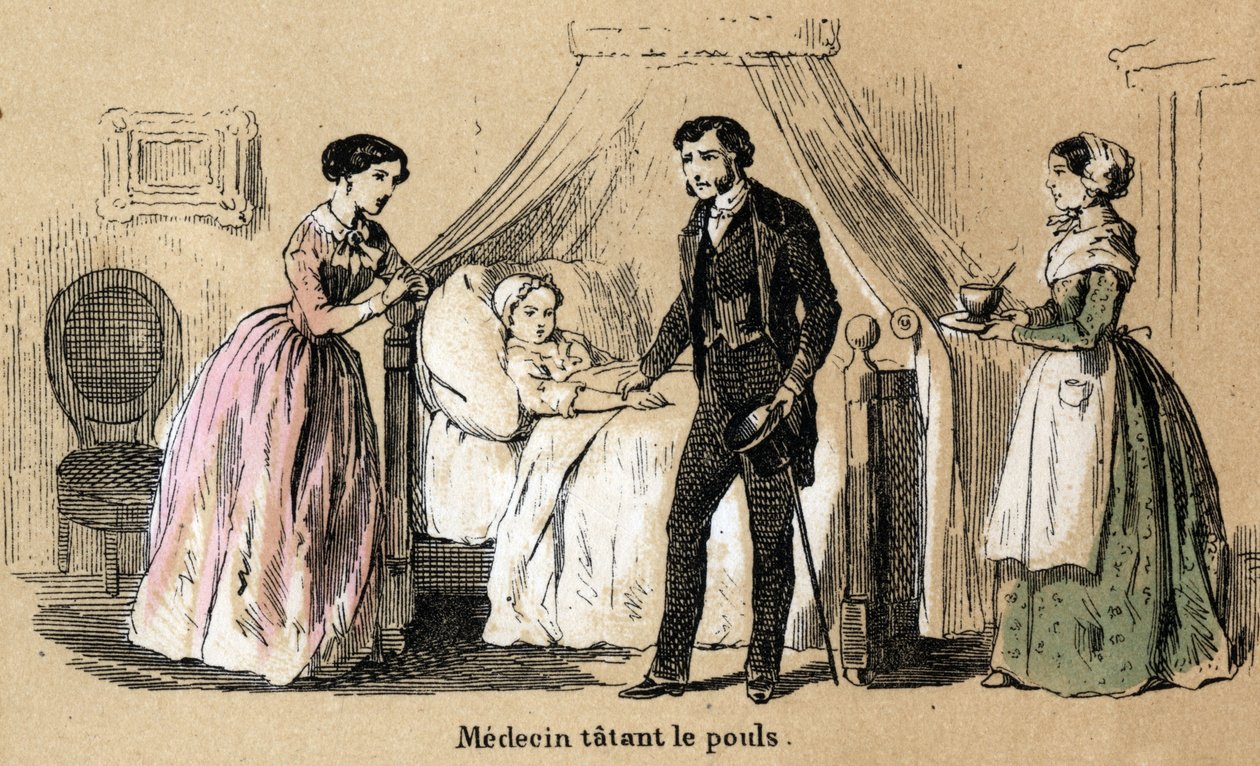 Beskrivelse av de fem sansene: berøring, en lege som tar pulsen til en syk jente. Plate "" Les cinq sens"" i "" les Recreations instructives"" Synoptisk maleri av Jules Delbruck, gravering fra 1860. Privat samling. av French School
