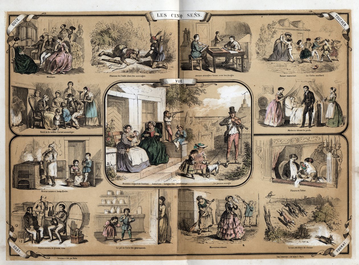 Beskrivelse av de fem sansene: syn, fra venstre til høyre og fra topp til bunn, hørsel, berøring, lukt og smak. Plate "" Les cinq sens"" i "" les Recreations instructives"" Synoptisk maleri av Jules Delbruck, graveri av French School