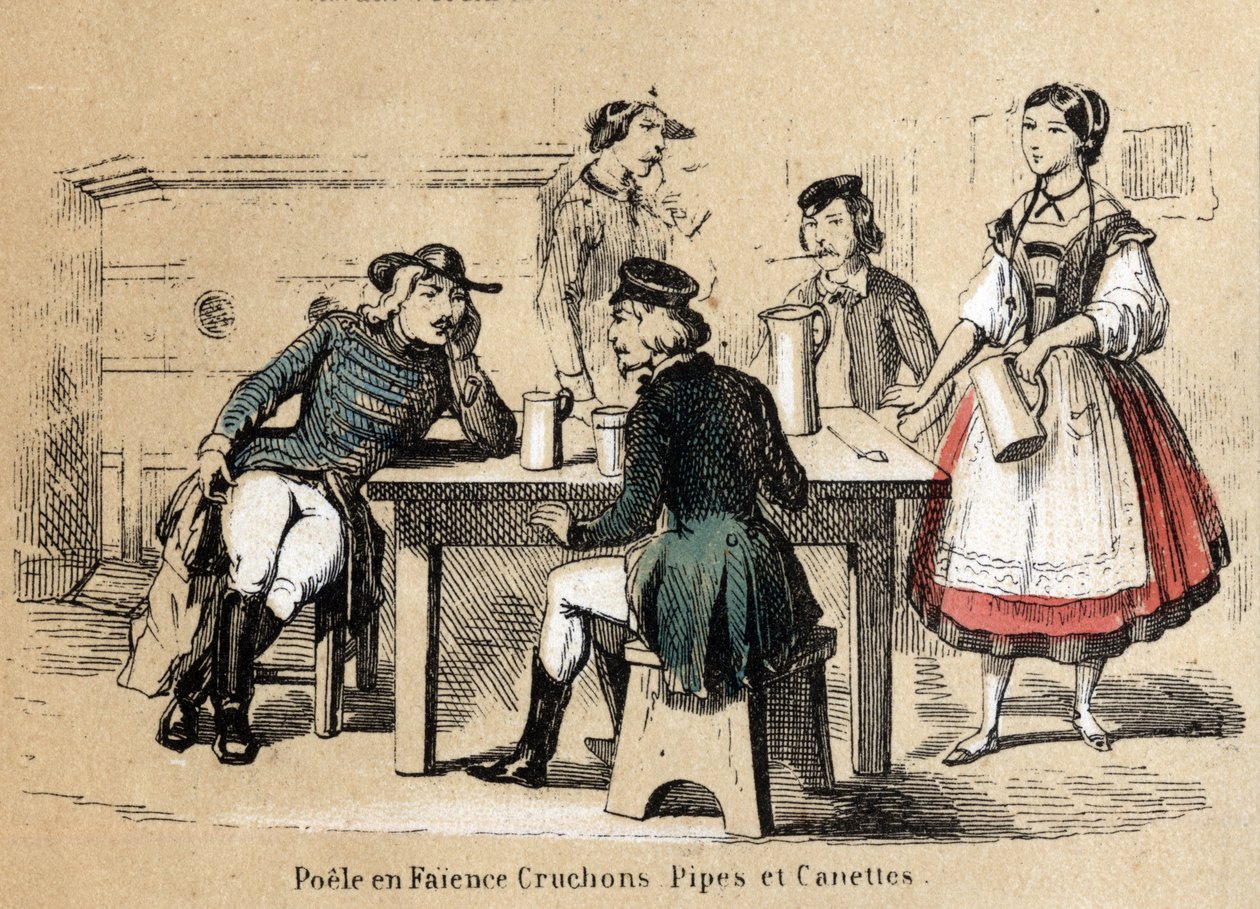 Beskrivelse av de ulike produksjonstrinnene og bruken av leire: leireprodukter (keramikkovn, kanner, rør og bokser). Plate "" Leiren og dens produkter"" i "" Les Recreations instructives"" Synoptisk maleri av Jules DELBRUCK, gravering fra 1860. Pr. av French School