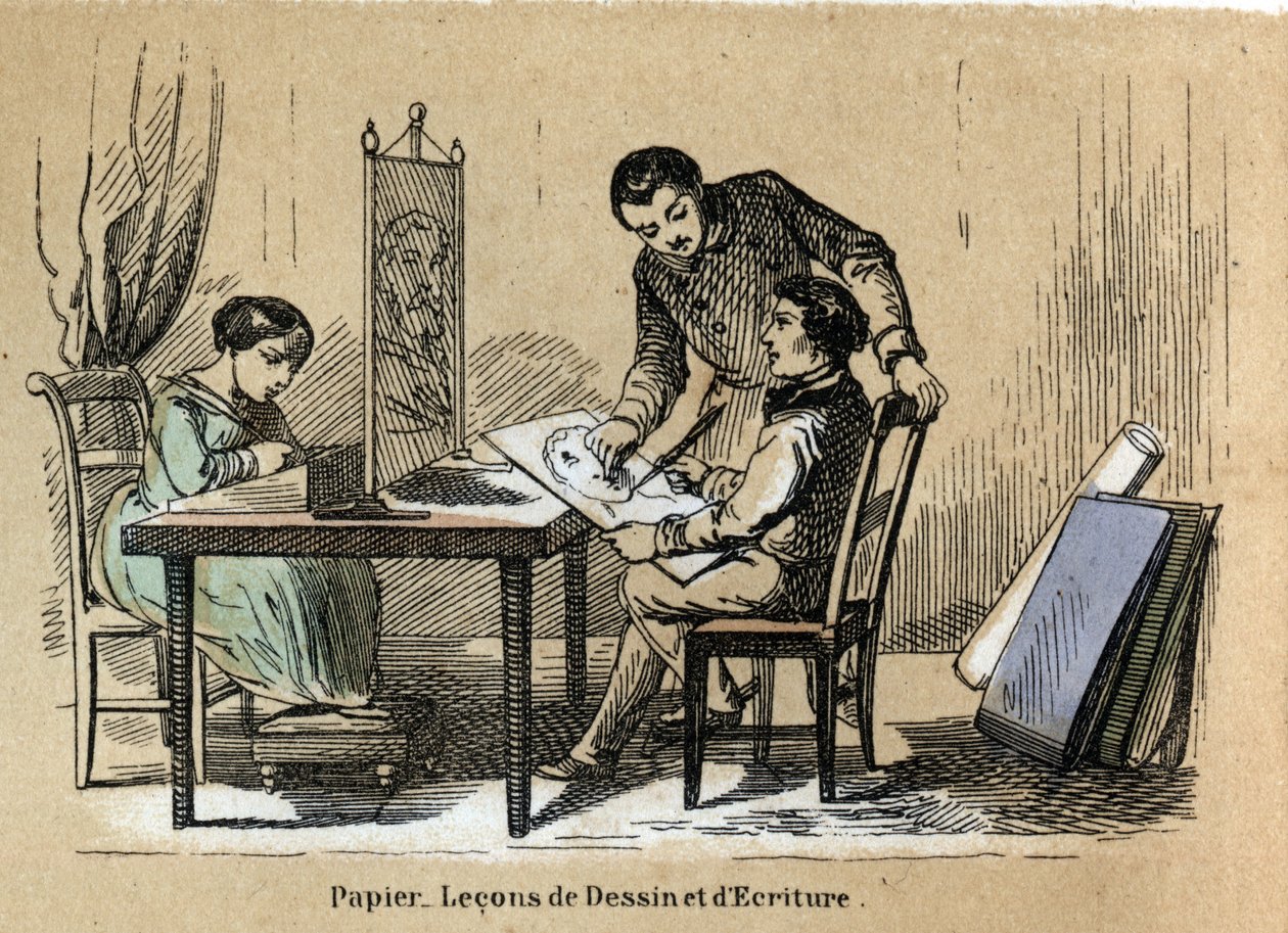 Description of the various products and uses of paper: a drawing and writing court. Plate “” Le papier et ses produits”” in “” les Recreations instructives”” Synoptique painting by Jules Delbruck, engraving from 1860. Private collection. av French School