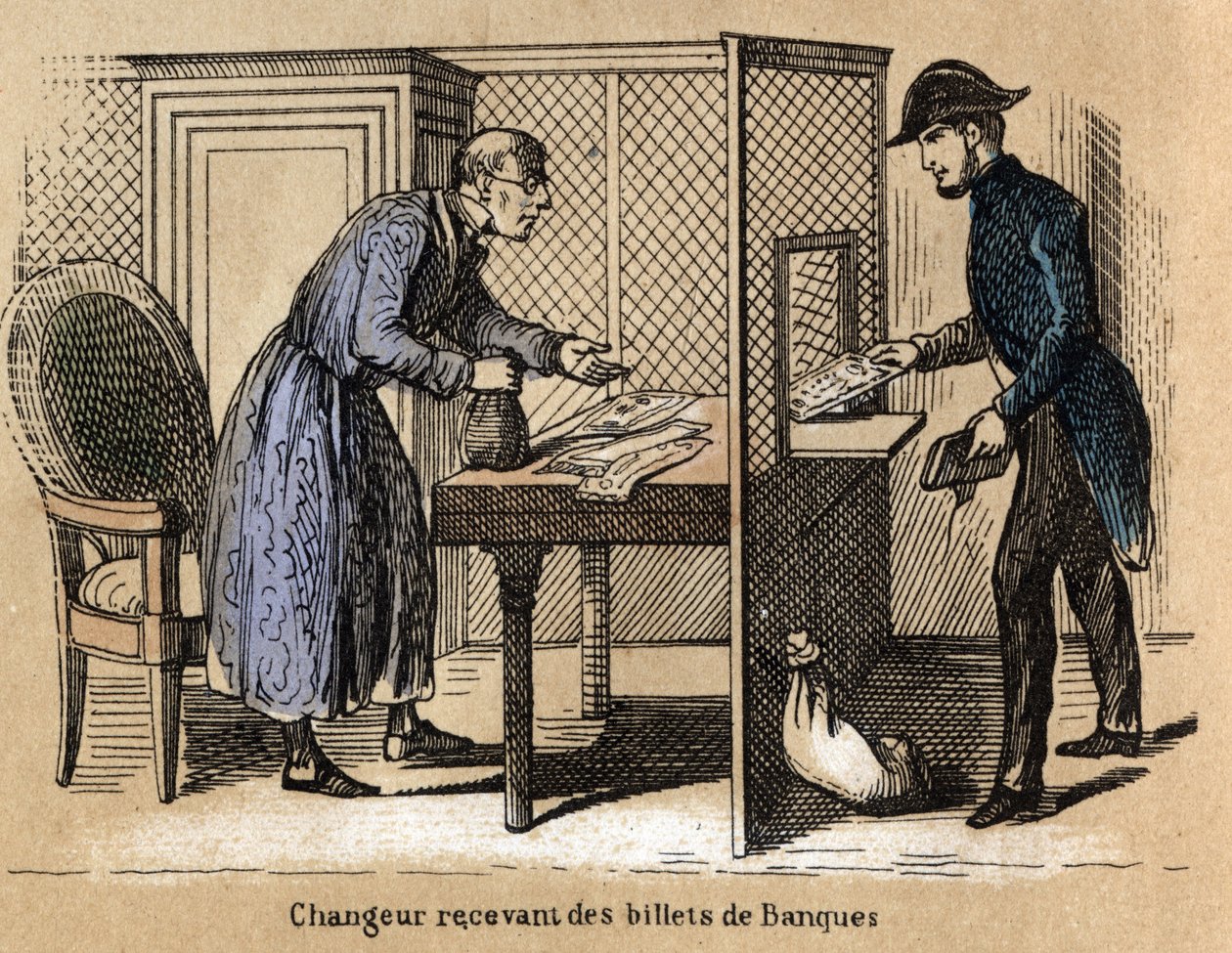 Description of the various products and uses of paper: a transaction at the bank, a banker receives paper banknotes. Plate “” Le papier et ses produits”” in “” les Recreations instructives”” Synoptique painting by Jules Delbruck, engraving from 1860. Priva av French School