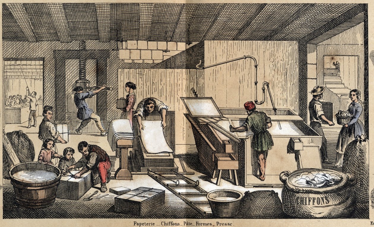 Beskrivelse av de ulike produktene og bruksområdene for papir: aktiviteter i et brevpapir, lage papir av filler, papirmasse, former og presse. Plate "" Le papier et ses produits"" i "" les Recreations instructives""  av French School