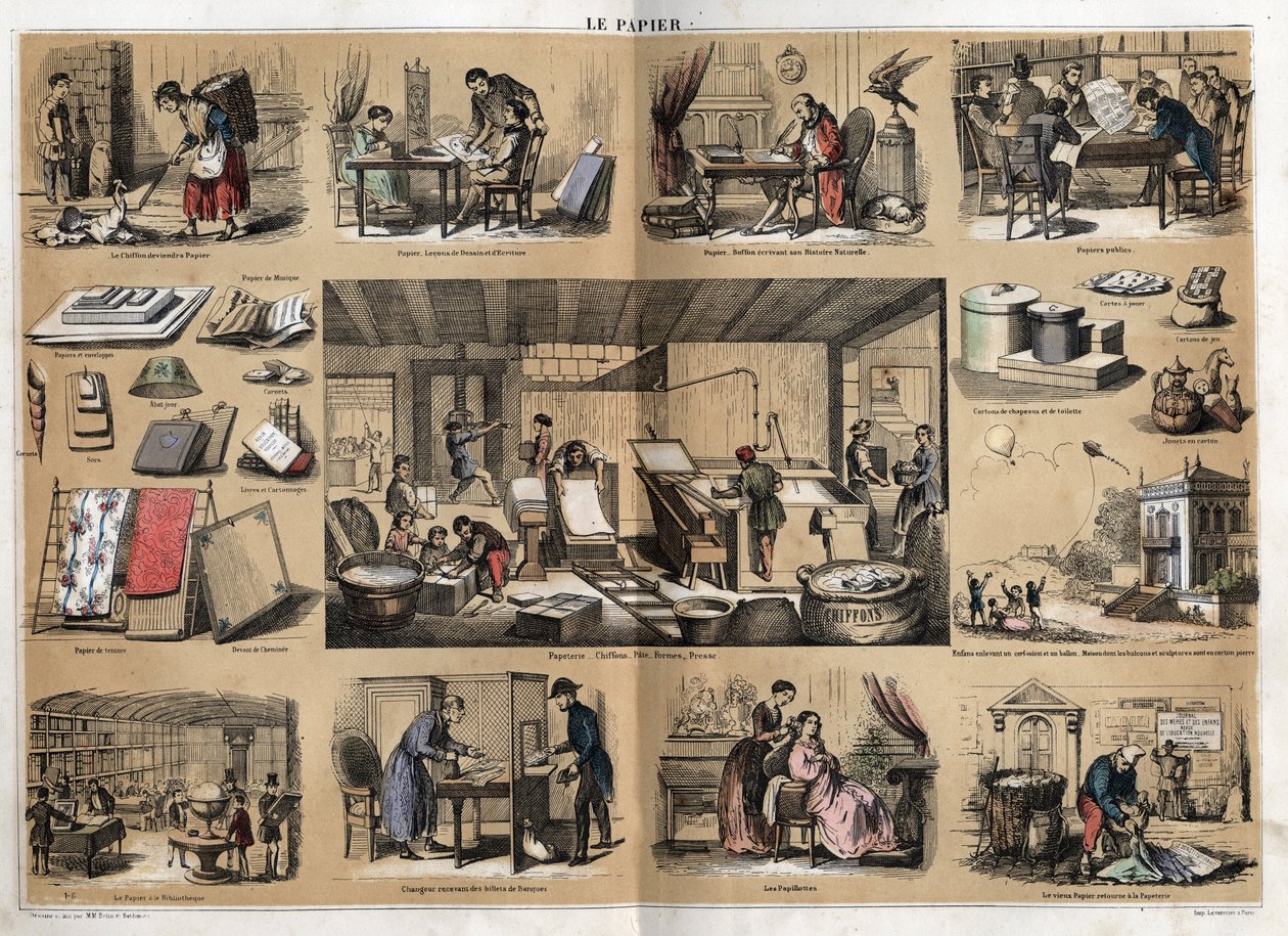 Description of the various products and uses of paper: at the centre are activities in a stationery, making paper from rags, pulp, shapes and press. Various uses, drawing paper, scientist Buffon writing his Natural History, reading public papers (newspaper av French School