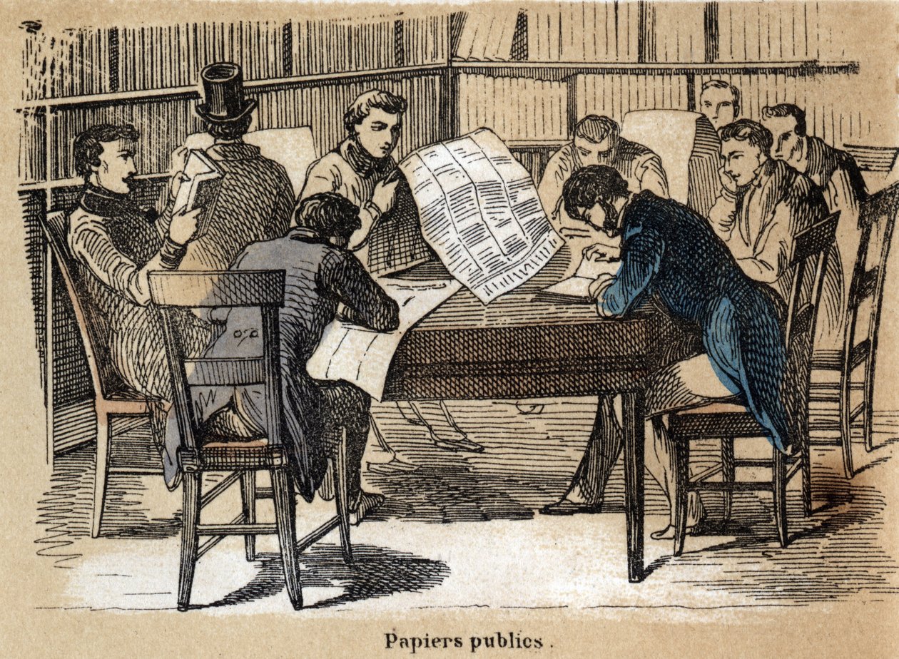 Description of the various products and uses of paper: reading public papers (newspapers). Plate “” Le papier et ses produits”” in “” les Recreations instructives”” Synoptique painting by Jules Delbruck, engraving from 1860. Private collection. av French School
