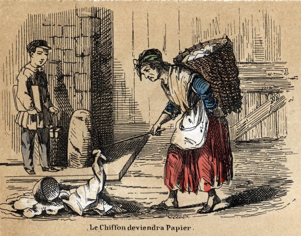 Beskrivelse av de ulike produktene og bruken av papir: samlingen av gamle filler som papiret er avledet fra. Plate "" Le papier et ses produits"" i "" les Recreations instructives"" Synoptisk maleri av Jules Delbruck av French School