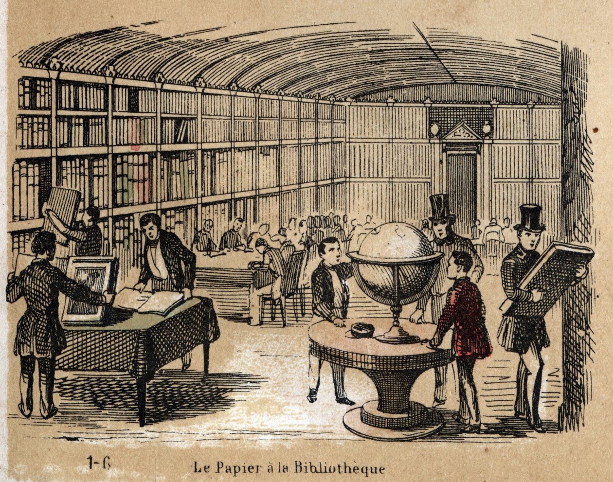 Beskrivelse av de ulike produktene og bruken av papir: utsikt over et bibliotek som inneholder papirverk. Plate "" Le papier et ses produits"" i "" les Recreations instructives"" Synoptisk maleri av Jules Delbruck, g av French School