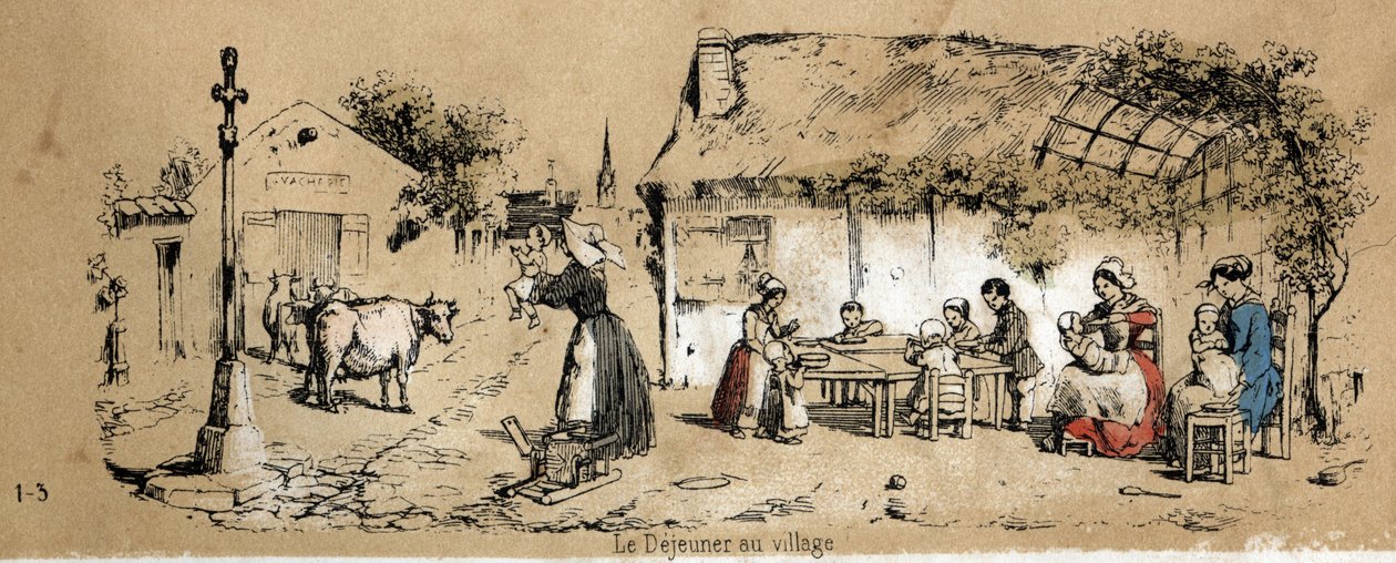 Description of the various products and uses of the cow: scene of daily life in a village. Plate “” La coache et ses produits”” in “” les Recreations instructives”” Synoptique painting by Jules DELBRUCK, engraving from 1860. Private collection. av French School