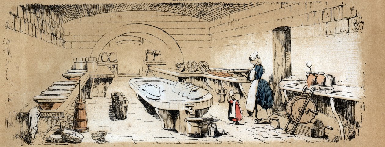 Beskrivelse av de ulike produktene og bruksområdene til kua: utsikt over et meieri som lager ost. Plate "" La coache et ses produits"" i "" les Recreations instructives"" Synoptisk maleri av Jules DELBRUCK, gravering av French School