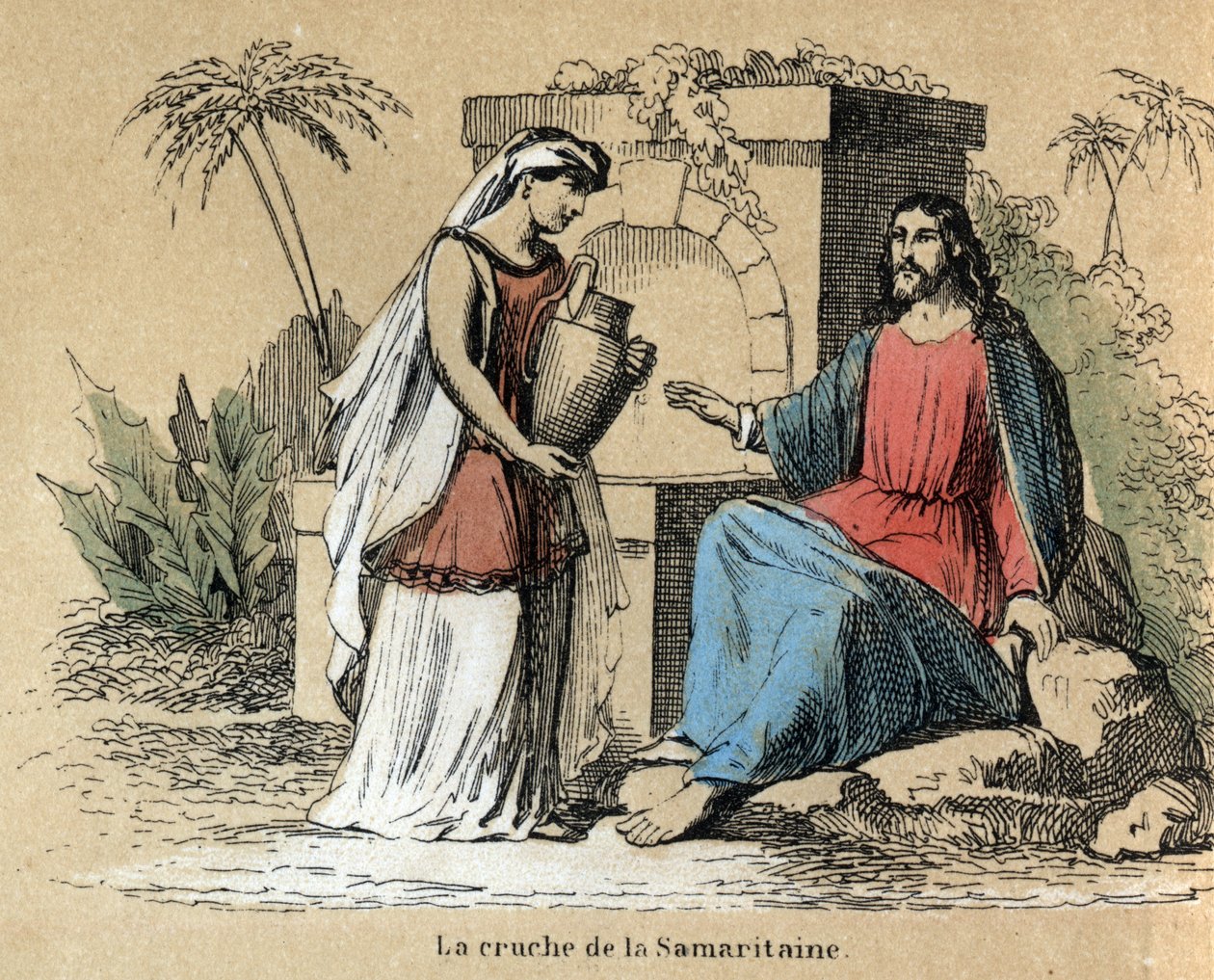 Beskrivelse av de ulike stadiene av fremstilling og bruk av leire: Jesus og samaritan bærer en leirmugge i Bibelen. Plate "" Leiren og dens produkter"" i "" Les Recreations instructives"" Synoptisk maleri av Jules DELBRUCK, gravering fra 1860. Privat av French School