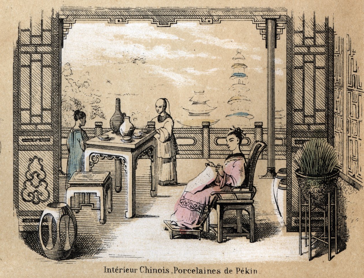 Beskrivelse av de ulike produksjonsstadiene og bruken av leire: et kinesisk interiør med Pekin-porselen. Plate "" Leiren og dens produkter"" i "" Les Recreations instructives"" Synoptisk maleri av Jules DELBRUCK, gravering fra 1860. Private collecti av French School
