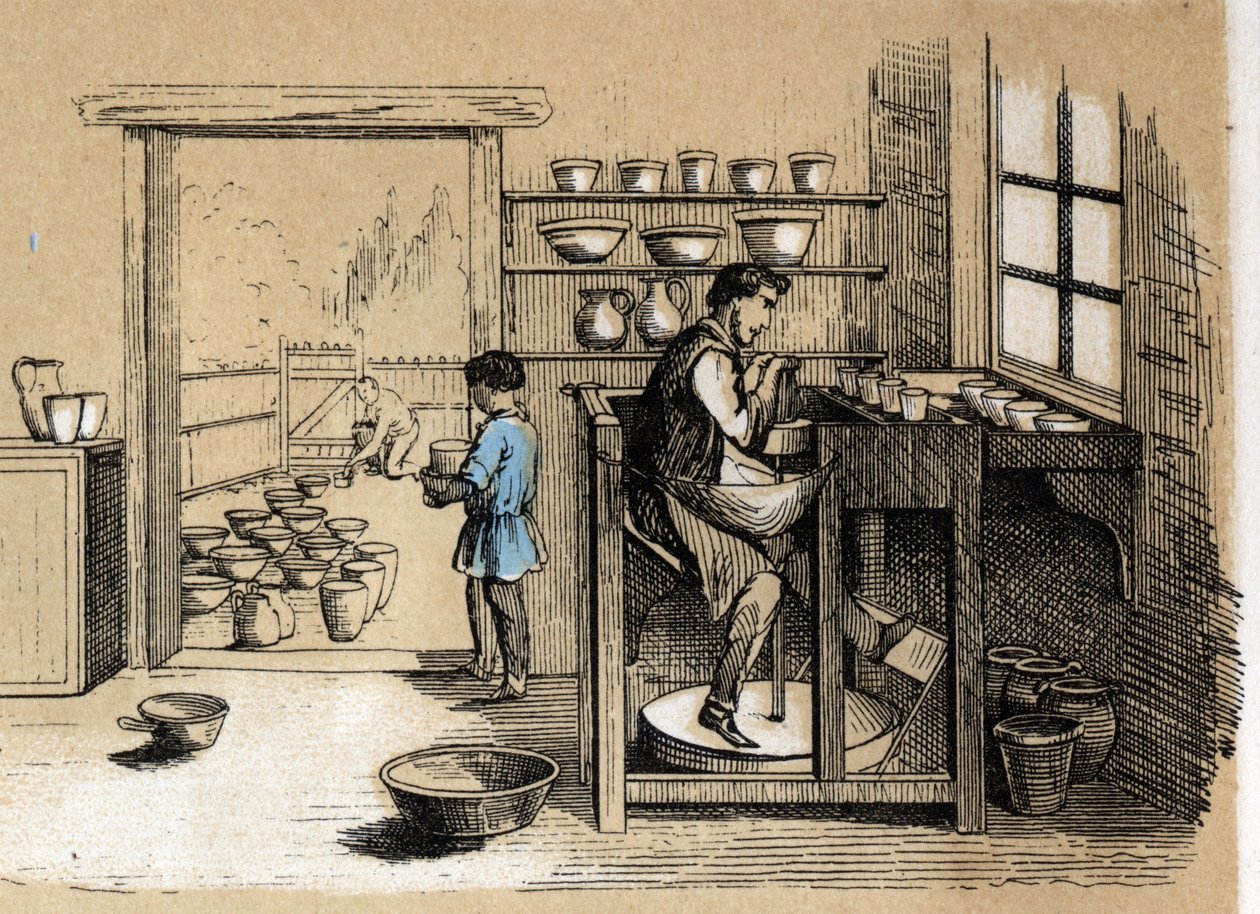 Beskrivelse av de ulike stadiene av produksjon og bruk av leire: en keramiker som jobber etter tur. Plate "" Leiren og dens produkter"" i "" Les Recreations instructives"" Synoptisk maleri av Jules DELBRUCK, graverin av French School