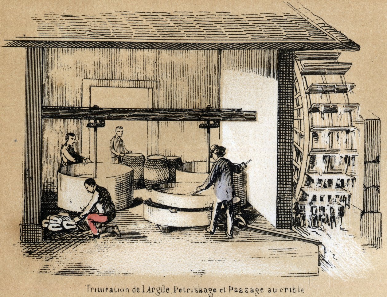 Description of the various stages of manufacture and uses of clay: crushing, peeling and screening of clay. Plate “” The clay and its products”” in “” Les Recreations instructives”” Synoptic painting by Jules DELBRUCK, engraving from 1860. Private collecti av French School