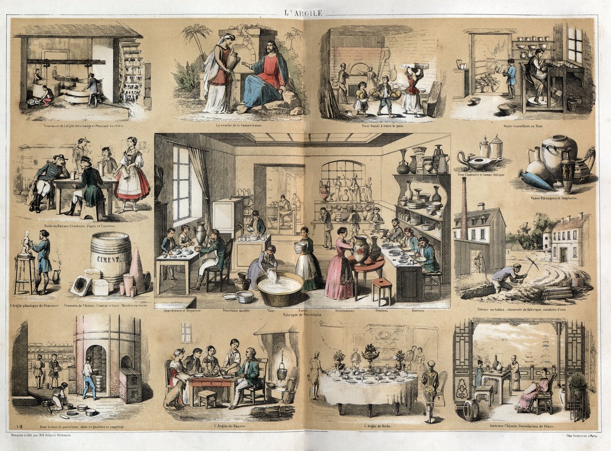 Description of the various stages of manufacture and uses of clay: in the centre a workshop for the manufacture of porcelain (painting, gilding, repairing), at the top stage of crushing the clay and then of its peeling, then description of the oven to bake av French School
